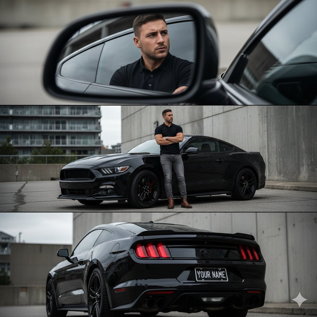 A cinematic automotive photoshoot of me, keeping my real face unchanged. The scene is composed of three perspectives…