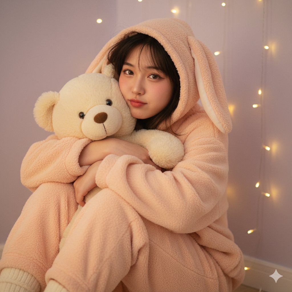 East Asian women, messy shoulder-length dark hair, sleepy-looking soft brown eyes