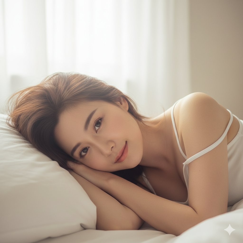 East Asian woman, beautiful 'just woke up' messy hair, sleepy eyes
