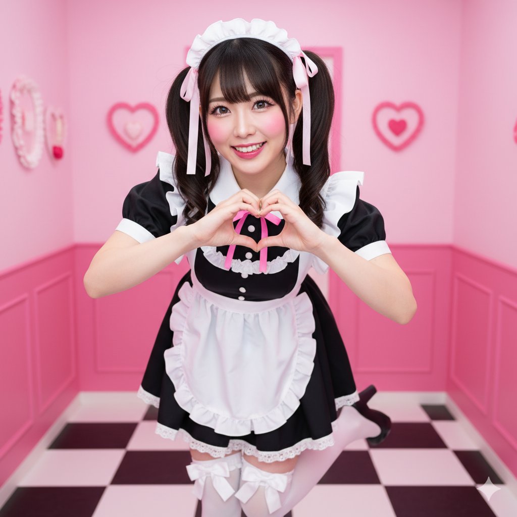 Realistic East Asian woman, dark hair in high twin-tails with ribbons, sparkling, energetic eyes
