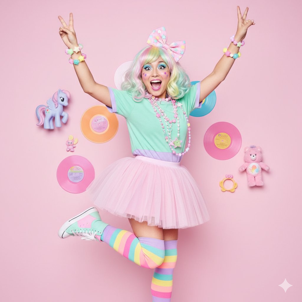East Asian woman, rainbow pastel hair (wig), large, excited eyes