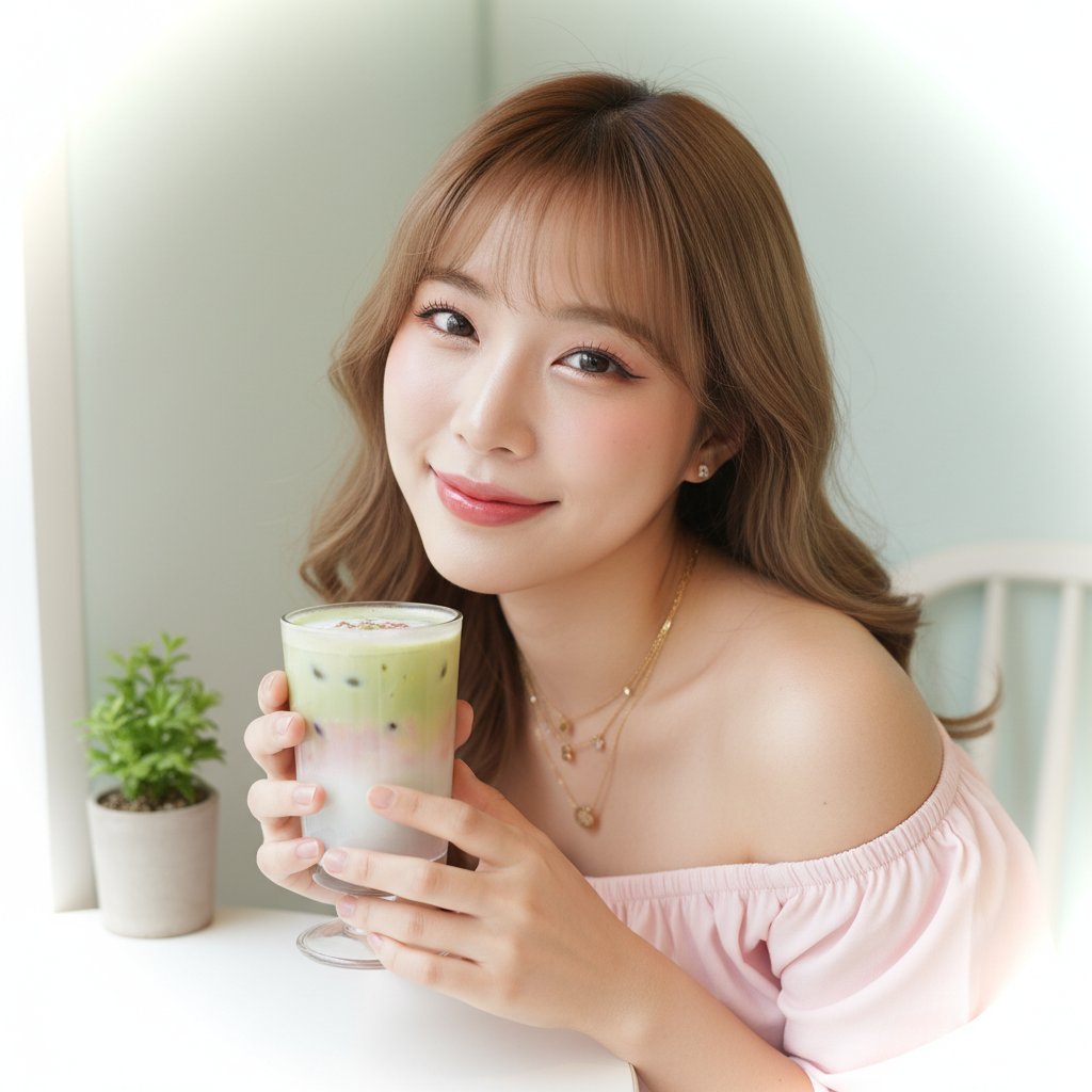 East Asian woman, soft, wavy hair with air bangs