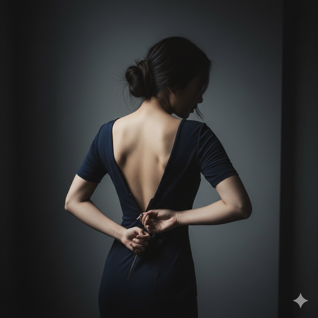 East Asian woman, elegant, hair in a loose bun with stray strands