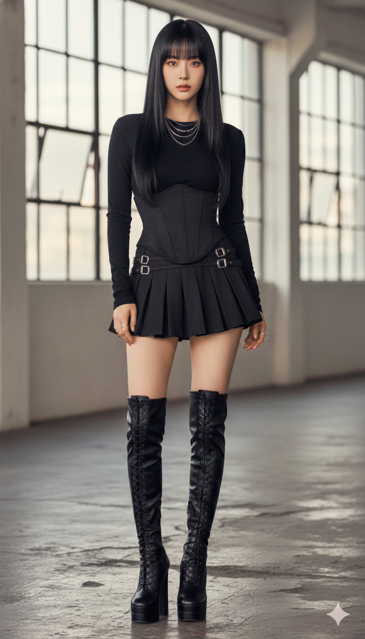 black cropped top, exposed midriff, slim black jeans, fitted choker stack and pendant necklace, matte black boots