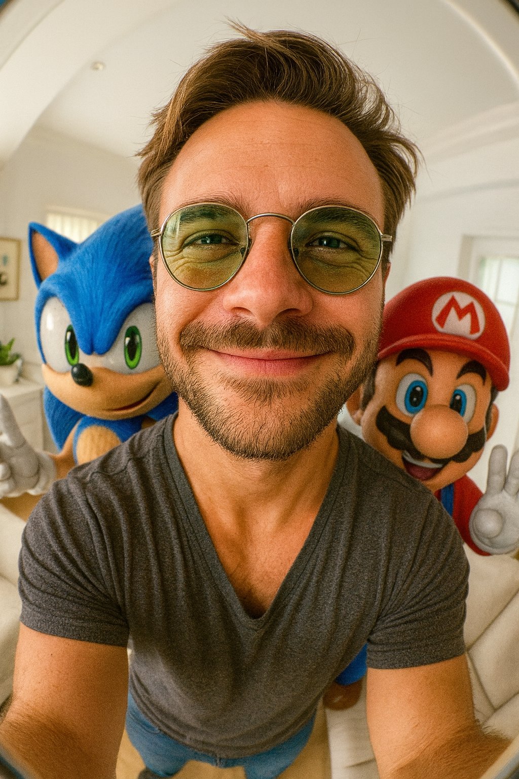 Selfie ultra-realista en formato vertical 9:16 con lente ojo de pez de mí junto a (Sonic y Mario). Ambientado en una…