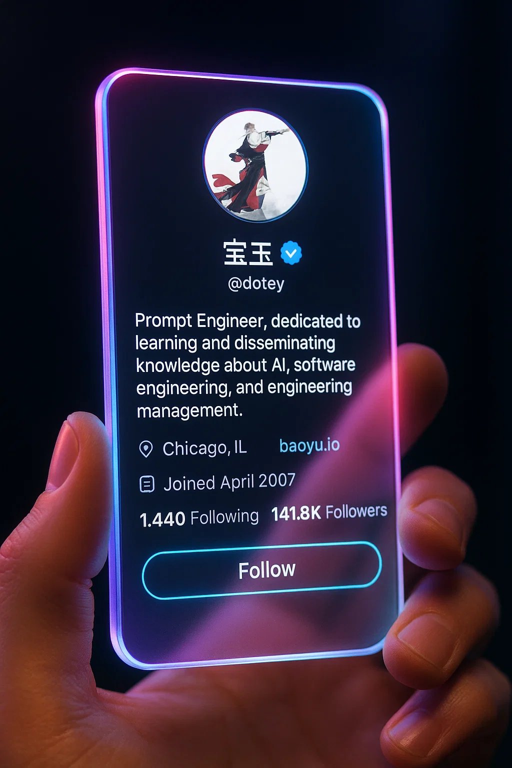 一张 9:16 竖版逼真的赛博美学未来社交软件界面照片：一只手拿着一张竖直半透明的亚克力卡片，占据了大部分画面。上面显示着一个社交媒体个人资料界面，但没有任何横幅或背景图片。卡片有平滑的圆润边缘，闪烁着柔和的霓虹灯光，呈现出粉色、紫色…