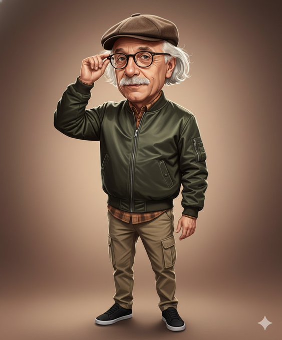 Create a realistic digital caricature painting of a middle-aged man (attached photo) with a slightly oversized head,…