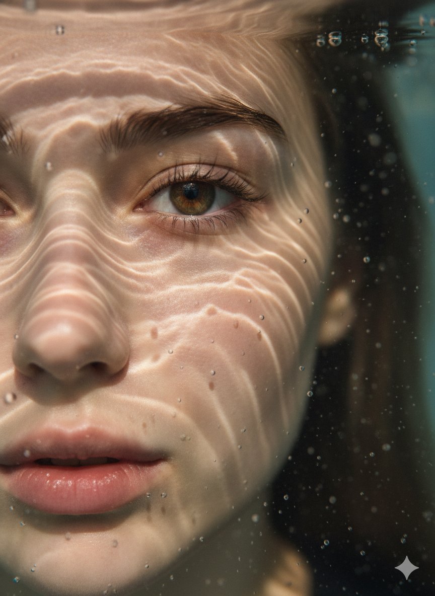 Young woman's face, fair skin, focused eye (left)
