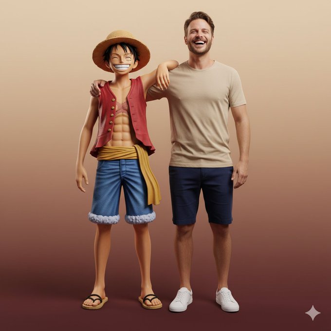 Ultra-realistic full-body portrait of the attached image. The person is interacting with Monkey D. Luffy in a front-f…