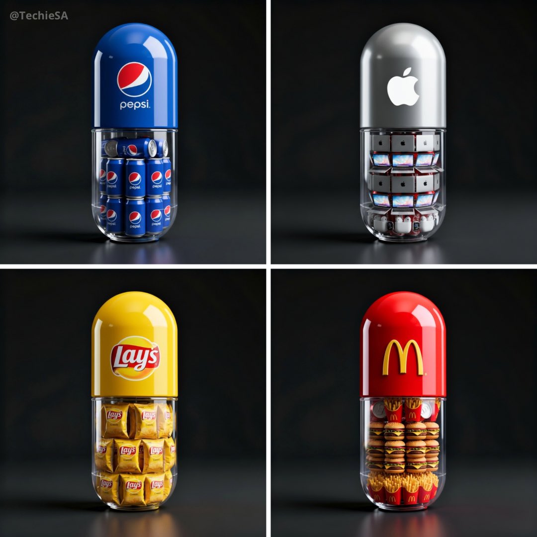 Create a hyper-realistic 3D render of a large capsule-shaped container. The top half is solid and glossy in the brand…