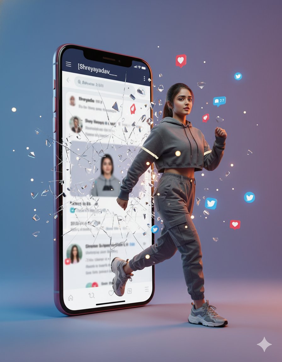 A hyperrealistic cinematic photo of a woman stepping out of a smartphone screen showing the Twitter profile . She’s c…