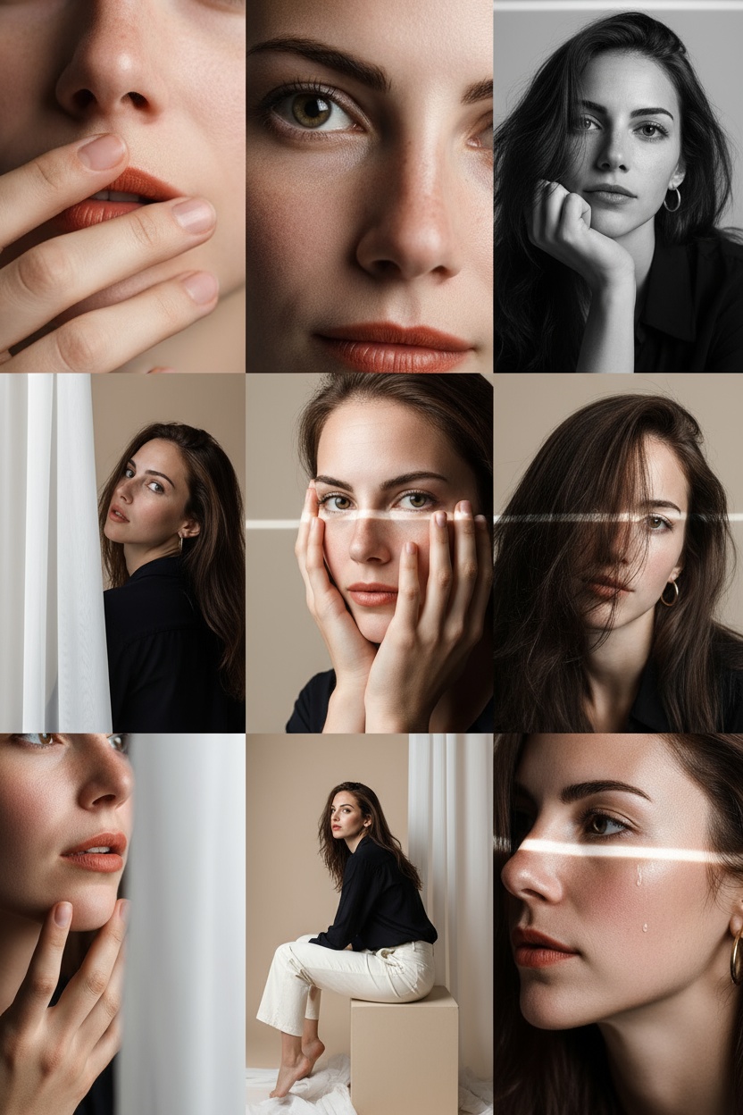 Editorial 3x3 photo grid in a clean soft beige studio. Character (matches reference 100%) wearing lightweight dark na…