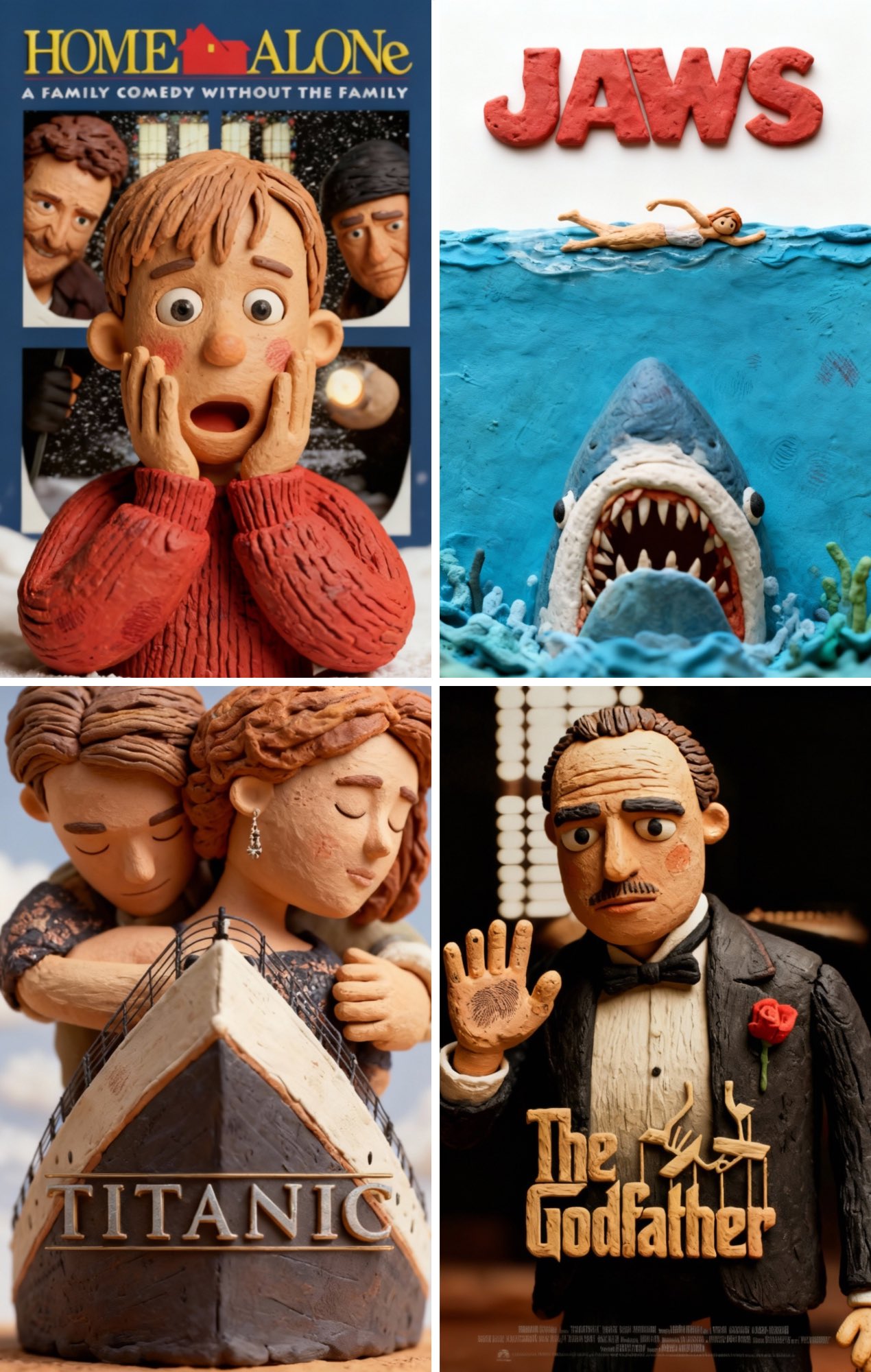 Restyle the reference movie poster in claymation style. Keep the original layout, composition, and lighting exactly a…