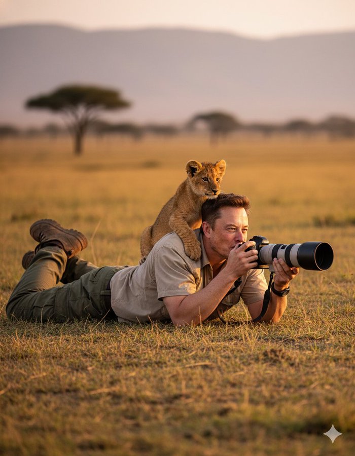 Ultra-realistic wildlife photography scene, (use reference face from uploaded photo). A man wearing proper wildlife-s…
