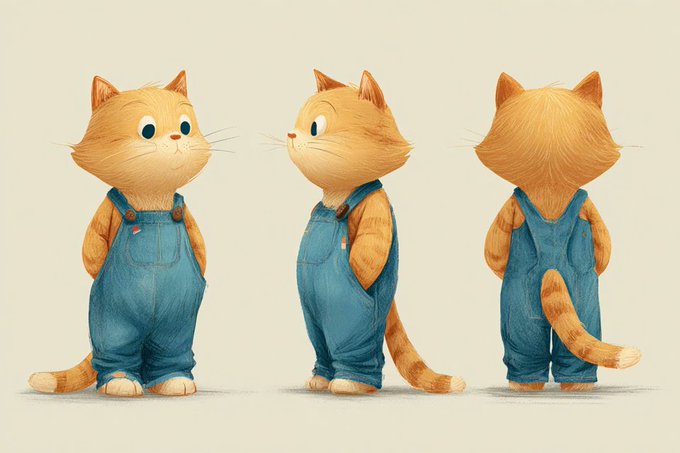 A cute anthropomorphic in triple view: front-left, front, and back. Standing upright with a plump body, expressive fa…