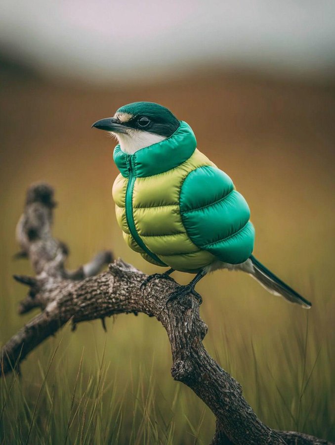 A bird wearing an inflatable down jacket perched on the top of a dry tree branch. the background is a blurred green g…