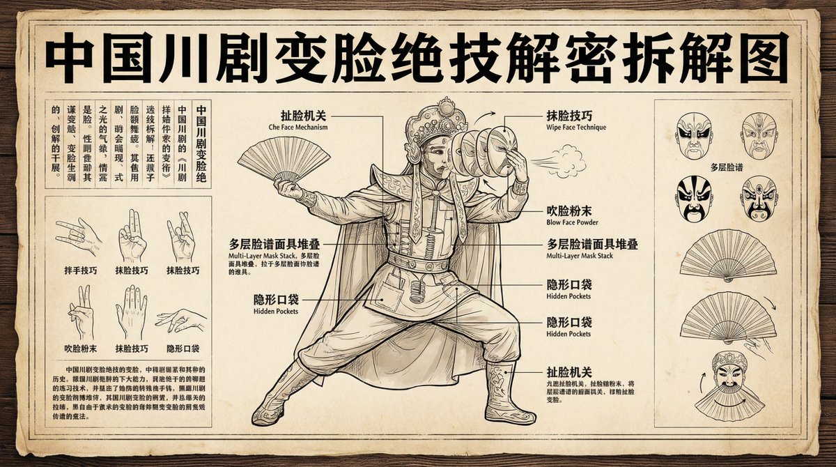 生成一张中国川剧变脸这门绝技的解密拆解图,中文字体不要变形。宽高比16:9