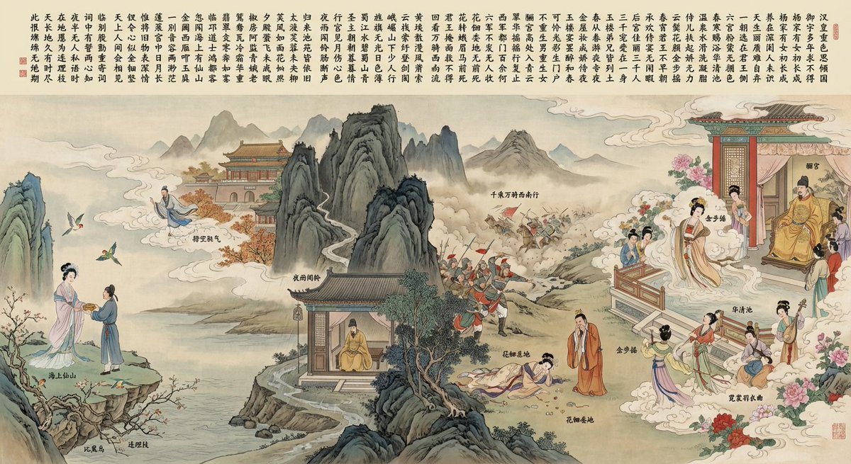 根据以下古诗画一幅画,并附上原文。 汉皇重色思倾国,御宇多年求不得。杨家有女初长成,养在深闺人未识。天生丽质难自弃,一朝选在君王侧。回眸一笑百媚生,六宫粉黛无颜色。 春寒赐浴华清池,温泉水滑洗凝脂。侍儿扶起娇无力,始是新承恩泽时。云鬓…