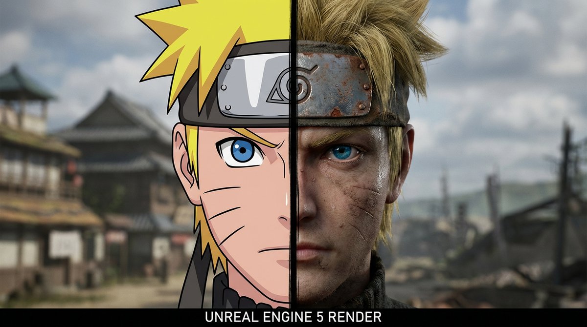 A cinematic 16:9 wide shot featuring a single centered headshot of Naruto Uzumaki, face split vertically in half. A d…