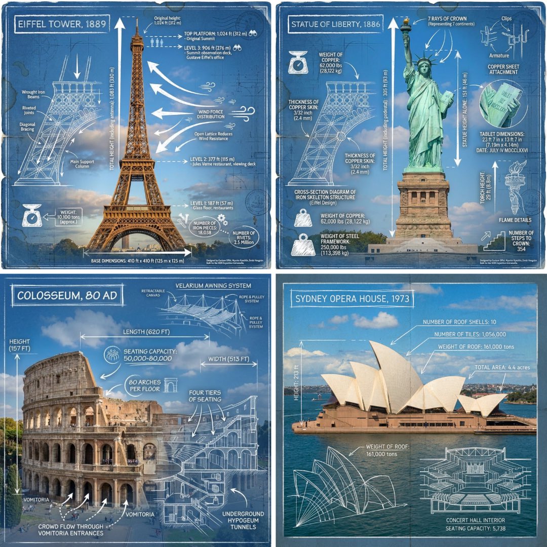 Create an infographic image of , combining a real photograph of the landmark with blueprint-style technical annotatio…