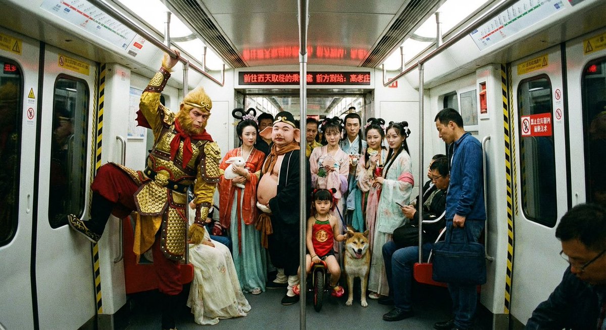 拥挤的北京地铁车厢，但乘客全是神话人物（孙悟空、猪八戒等）。车厢连接处的滚动屏显示红色字体：“前往西天取经的乘客请注意，前方到站：高老庄”。车门玻璃上贴着警告标示：“禁止在车厢内施展法术
