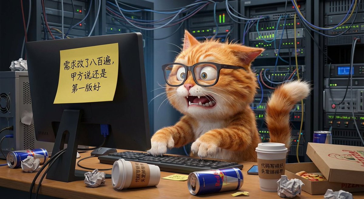 3D皮克斯风格渲染。一只戴着厚眼镜的橘猫正坐在电脑前疯狂敲代码,表情崩溃。它的电脑屏幕背后贴着一张显眼的便利贴,写着:“需求改了八百遍,甲方说还是第一版好”。桌子上散落的咖啡杯上印着:“代码写得好,头发掉得早”。背景是乱糟糟的服务器机房