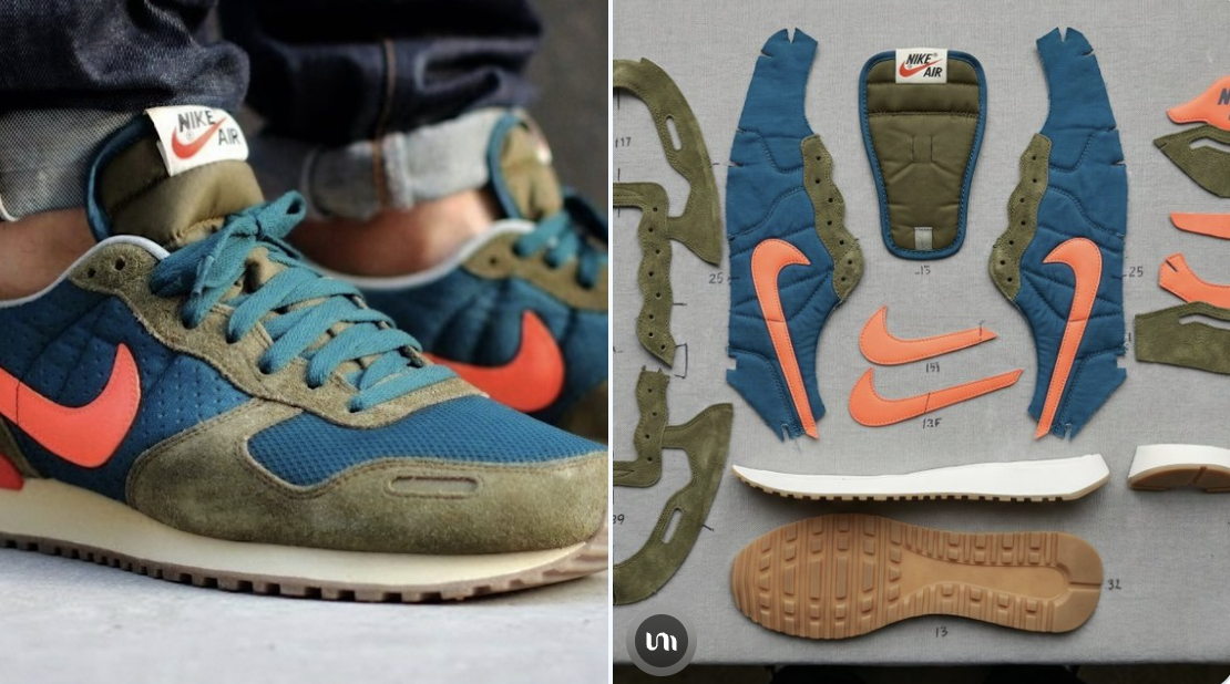 Create an image of the different patterns that makes up this shoe. lay them out individually against a neutral surface