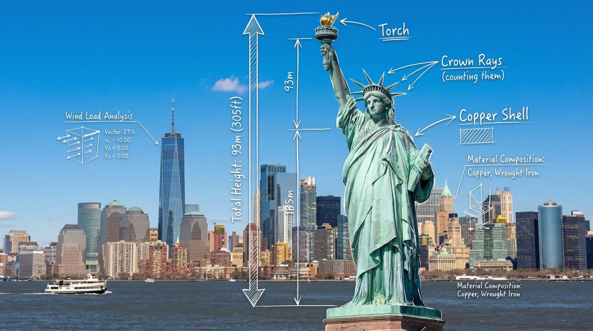 A photorealistic wide-angle landscape shot of the Statue of Liberty with the New York City skyline and harbor in the…