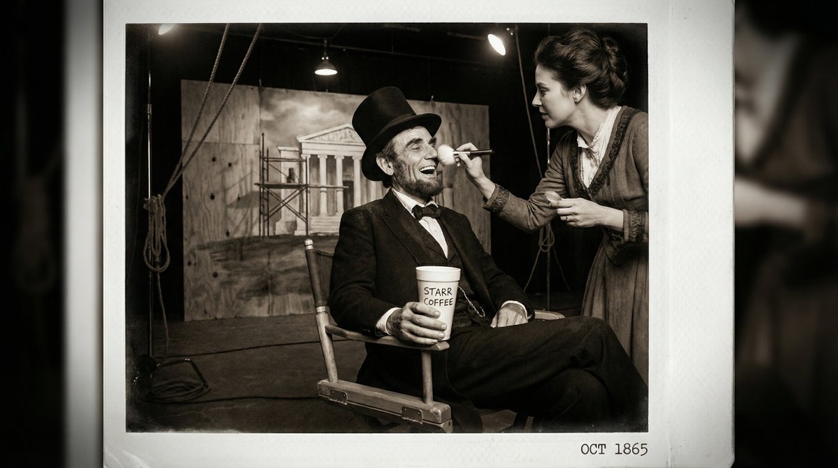 A candid backstage polaroid photo from 1865. Abraham Lincoln is sitting in a canvas director's chair, laughing hyster…