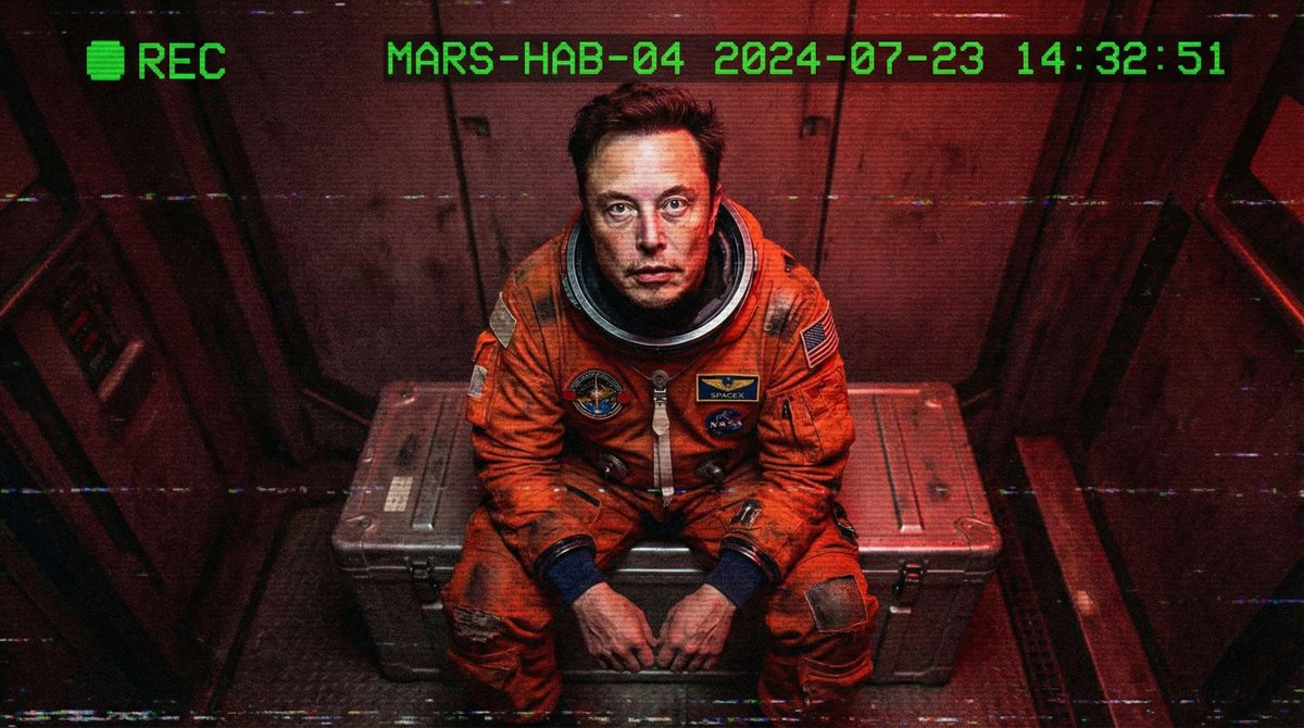 Grainy surveillance security camera footage from inside a Mars habitat airlock. High-angle top-down view. Elon Musk i…