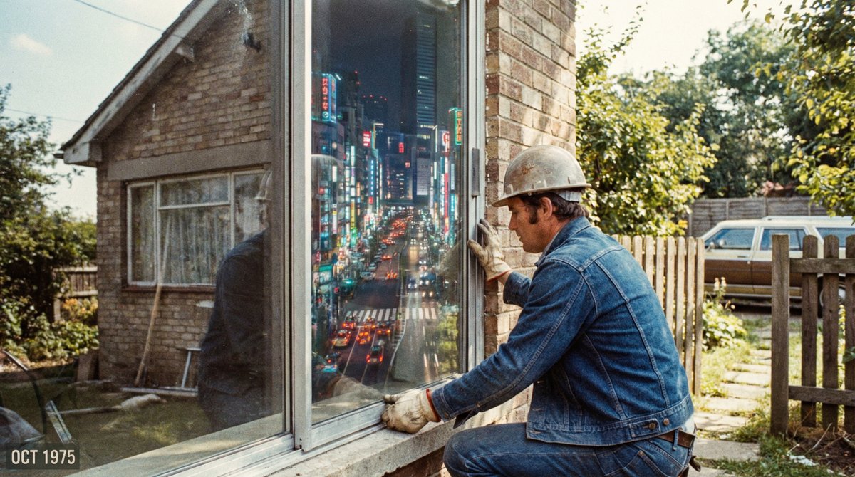 Grainy 35mm film photo from 1975. A construction worker is installing a large glass window pane on the ground floor o…