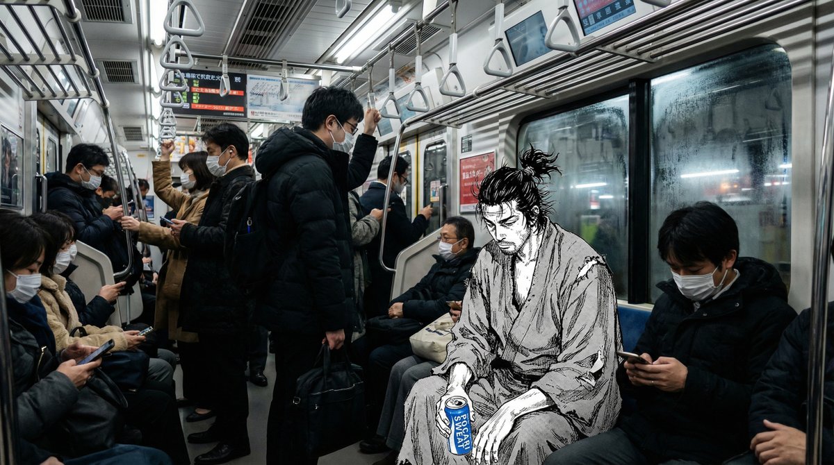 A photograph of a crowded subway train in Tokyo, hyper-realistic style. Sitting on one of the seats is a 2D black-and…