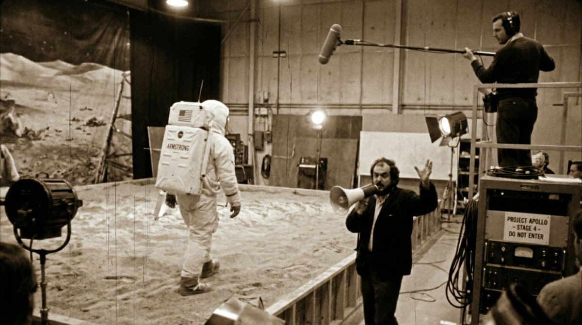 Leaked production footage from a secret soundstage, 1969. Neil Armstrong is walking on the "Moon surface," but the ca…