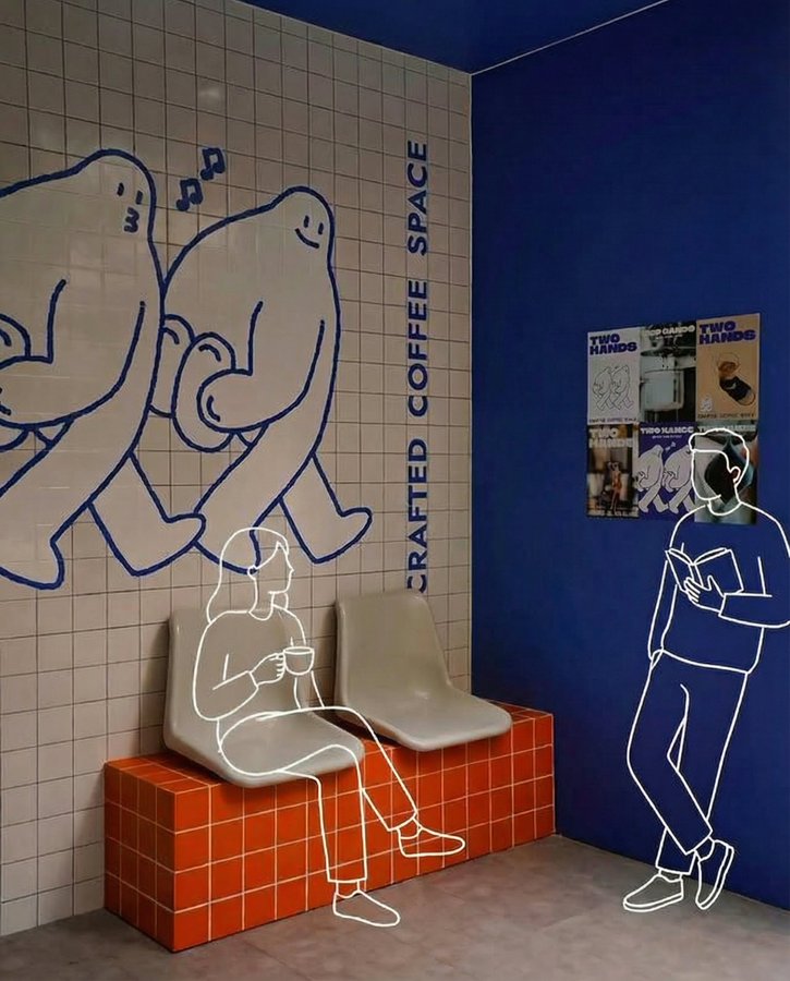 Add clean, minimal white line-drawing illustrations of people into this photo. Match the perspective, lighting, and s…
