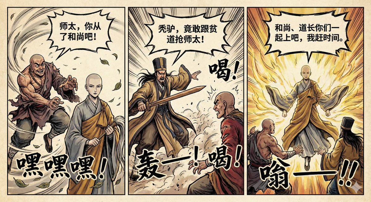 画一张3格漫画，香港武侠漫画风格，故事情节如下： 和尚:"师太,你从了和尚吧!" 道长:"秃驴,竟敢跟贫道抢师太!" 师太:"和尚、道长你们一起上吧,我赶时间
