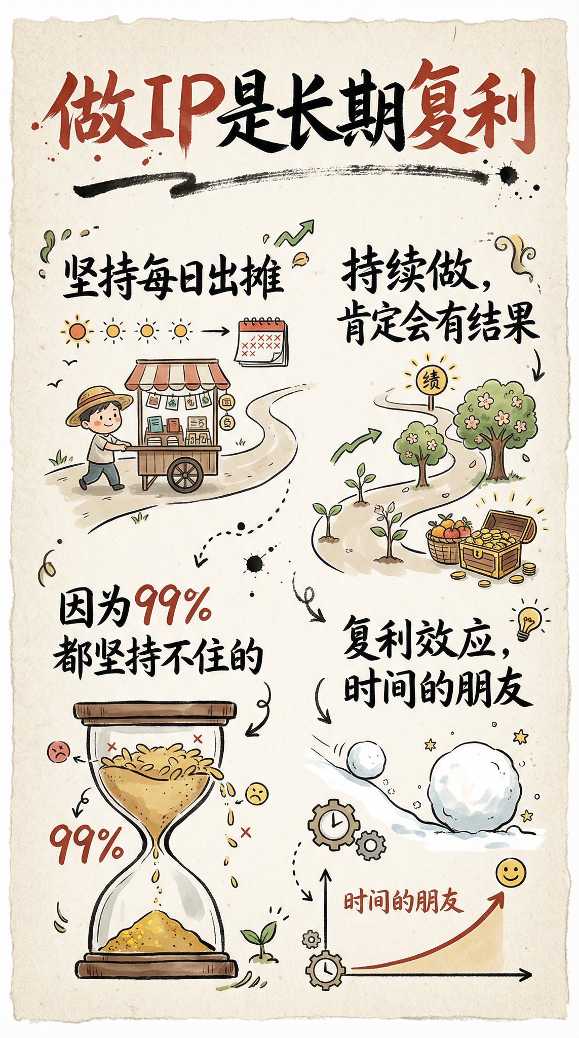 创作一张手绘风格的信息图卡片,比例为9:16竖版。卡片主题鲜明,背景为带有纸质肌理的米色或米白色,整体设计体现质朴、亲切的手绘美感。 卡片上方以红黑相间、对比鲜明的大号毛笔草书字体突出标题,吸引视觉焦点。文字内容均采用中文草书,整体布…