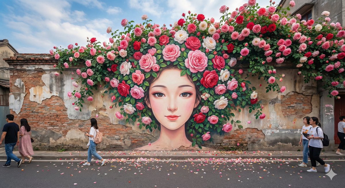 一幅超高清晰度、摄影质感极强的街头壁画,画面呈现强烈的中国风韵味。 画中描绘着一位绝美的卡通风女子正面特写头像,她神态柔美而宁静。墙体顶部被一大片盛开的蔷薇花覆盖,茂密的绿叶与繁盛的花朵向外舒展,部分枝条从墙顶垂落而下,与女子的头发巧…