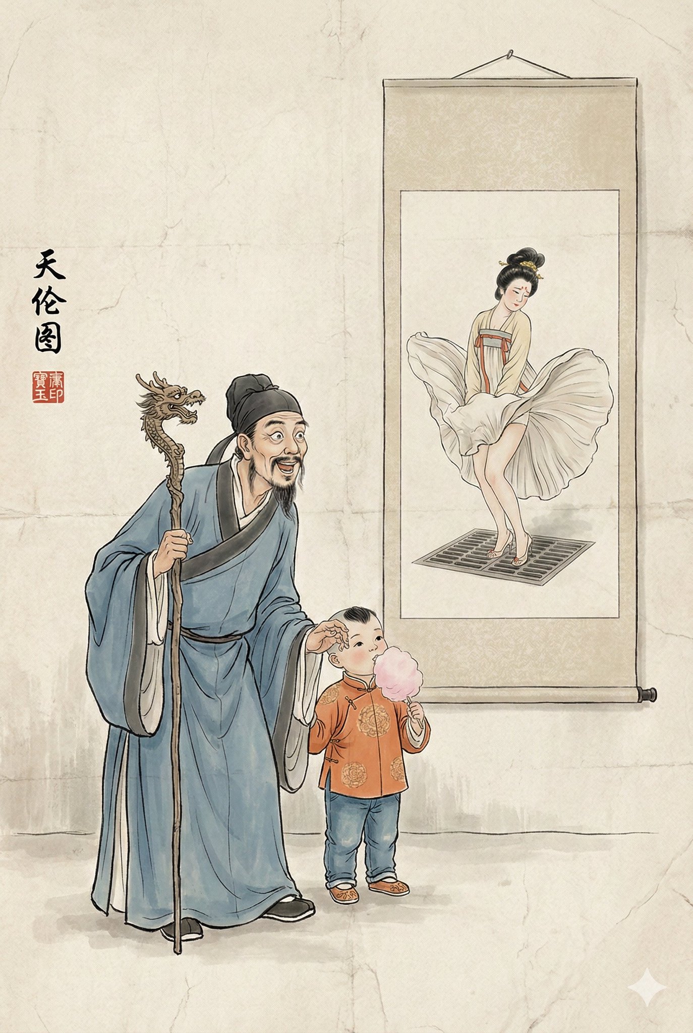 《天伦图》趣味水墨画,画中画结构,竖幅宣纸质感背景。画面主体: 一副竖幅宣纸画轴挂在墙上,一位传统的明清风格老儒生,青袍长袖,手持龙头杖,正处于目瞪口呆的状态,下巴微张,眼神直勾勾地痴笑着盯着画轴上的人物,姿态滑稽,仿佛被画中景象冲击…