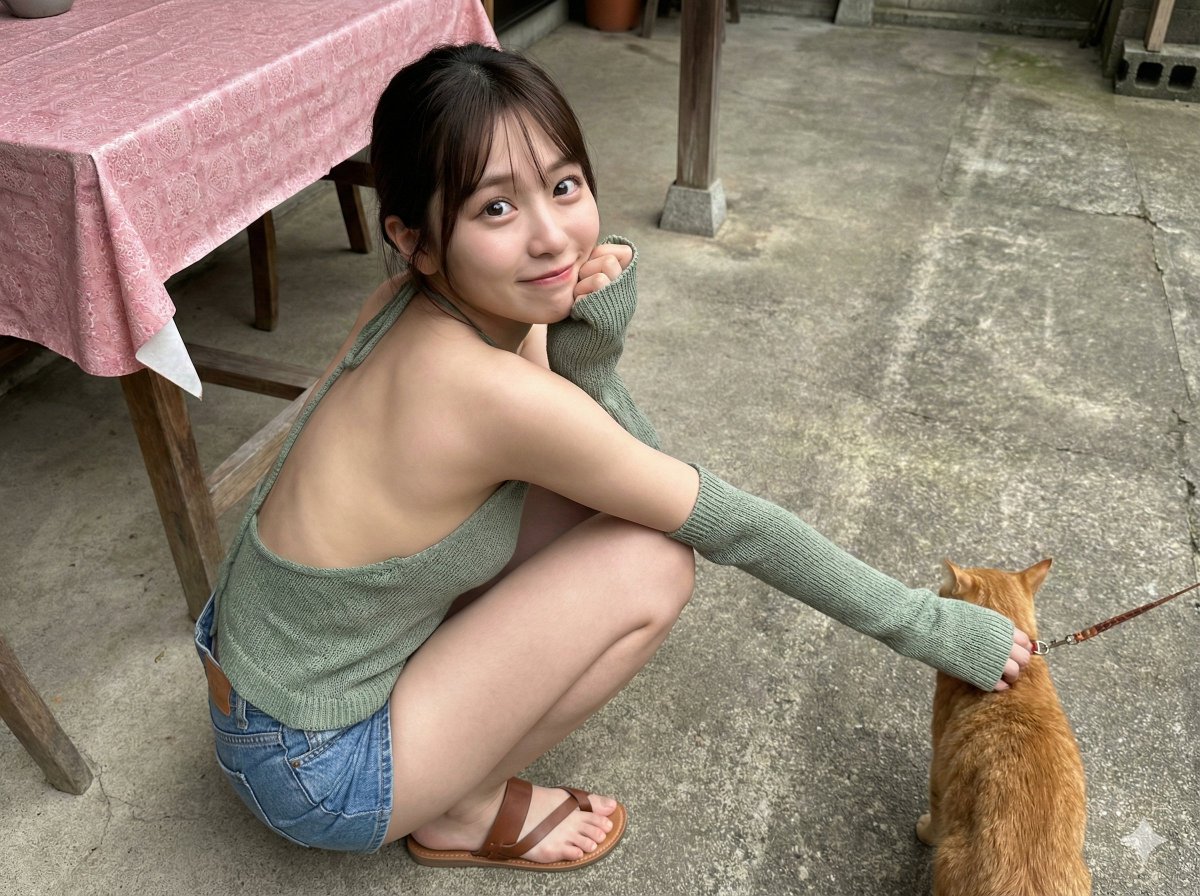 以超写实风格,从高角度捕捉一张自然随性的抓拍照片:年轻的亚洲女生蹲坐在水泥地的庭院中,侧身向后回望,目光微微上扬对视镜头;她嘴唇紧闭,带着害羞含蓄的笑容,眼睛大而明亮、圆润,明显的卧蚕衬托出俏皮可爱的神情。肌肤瓷白细腻,散发着自然的柔…