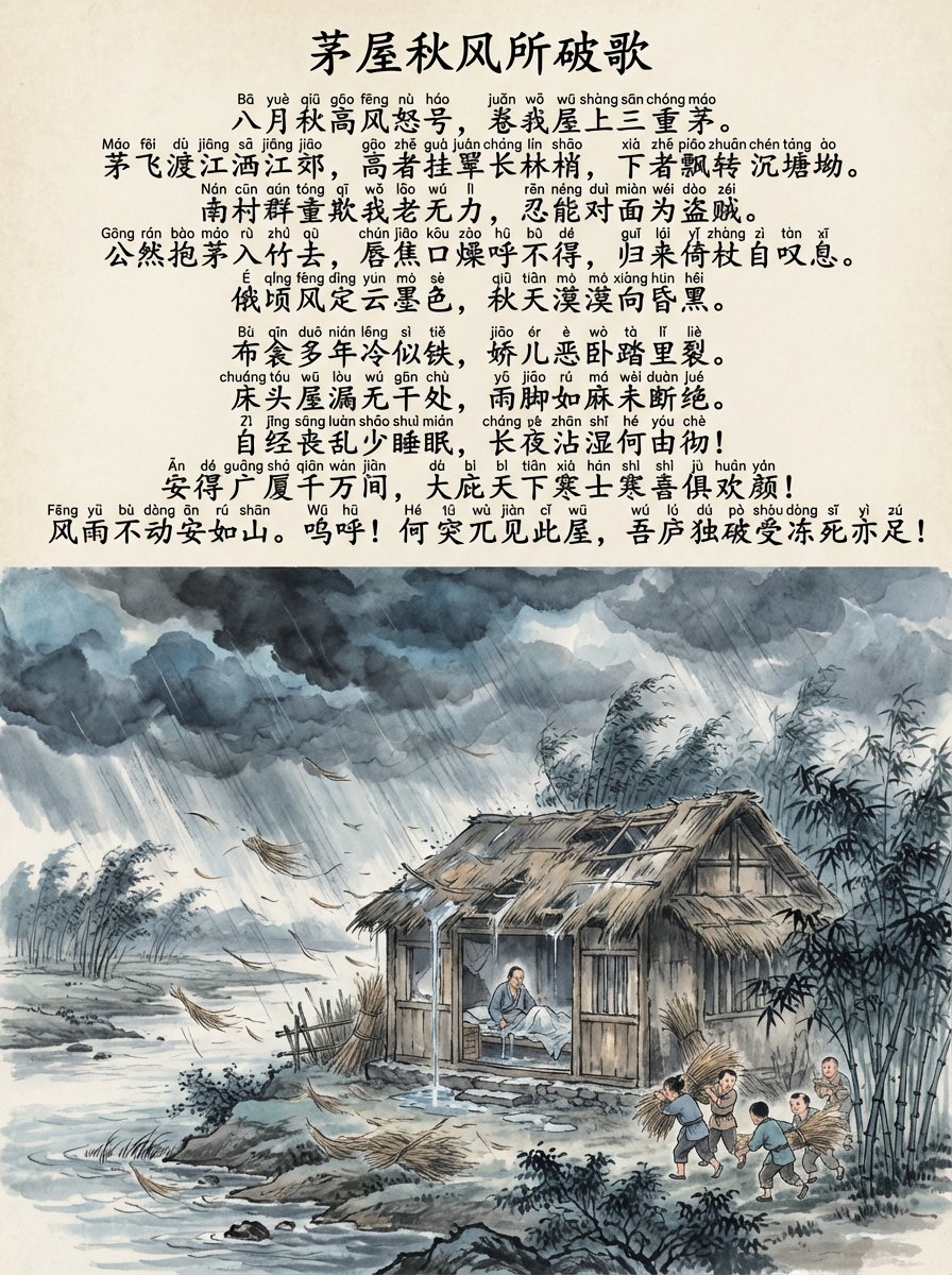 生成一张3:4的图片,画面上方用书法写着一首完整的《茅屋秋风所破歌》,内容是 “八月秋高风怒号,卷我屋上三重茅。茅飞渡江洒江郊,高者挂罥长林梢,下者飘转沉塘坳。 南村群童欺我老无力,忍能对面为盗贼。公然抱茅入竹去,唇焦口燥呼不得,归来…