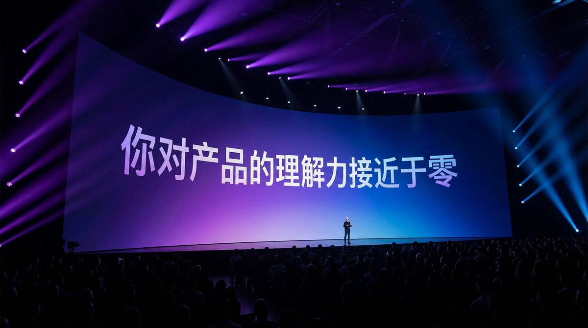 根据文字生成一张照片:一个宏大的苹果发布会现场,现场很多观众,场景很暗,有绚丽的灯光,镜头聚焦在很宽的大屏幕,弧形屏幕,文字和屏幕一样有一定的透视感,很小的人物剪影站在舞台上,紫色到蓝色弥散背景上,白色文字有一些渐变,像是现场实拍,高…