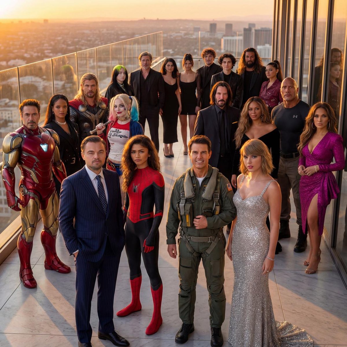 Create a hyper-realistic, ultra-sharp, full-color large-format image featuring a massive group of celebrities from di…
