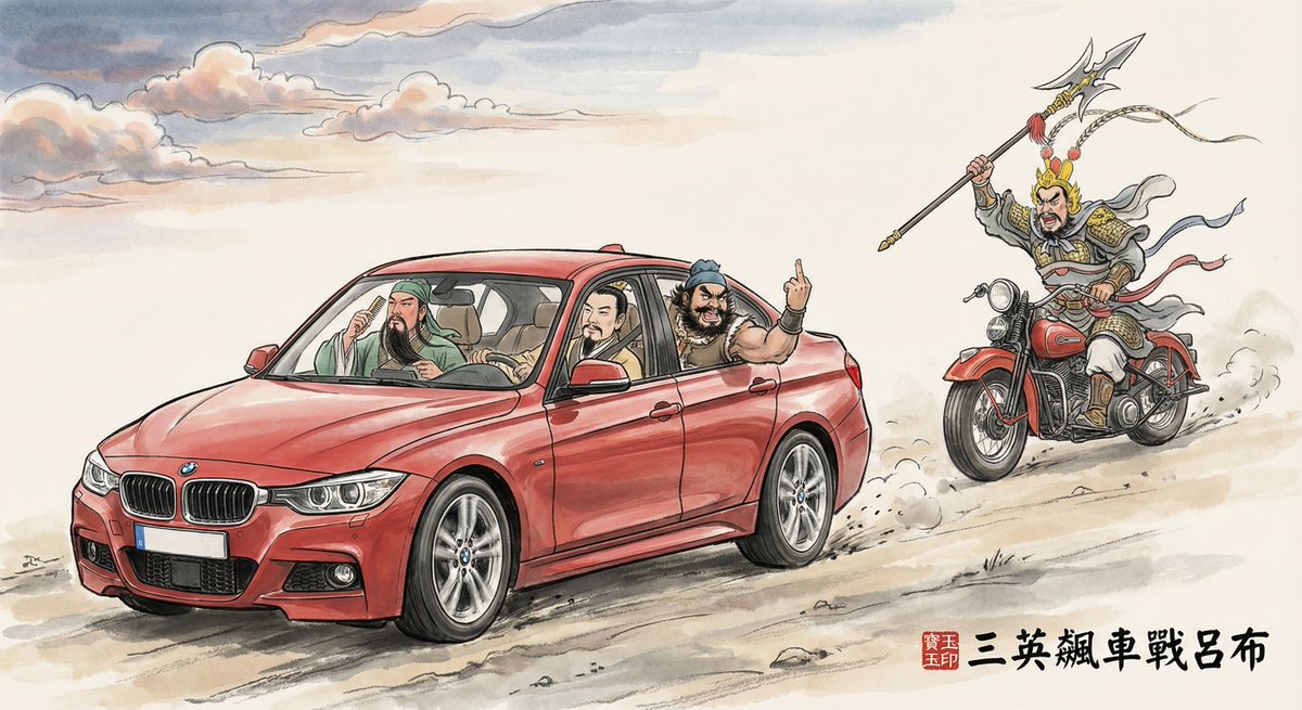 绘制一幅古今混搭幽默水墨插画，主题为《三英飙车战吕布》： 画面为黄昏时分，天空云霞绚丽，大片留白凸显意境； 刘备、关羽、张飞三人乘坐一辆疾驰的红色双排座宝马轿车在尘土飞扬的古代战场急转漂移—— 刘备坐在驾驶位，双手紧握方向盘，神情专注…