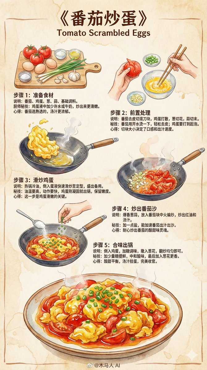 创作一张 9:16 竖版 的 《番茄炒蛋》手绘风格教学食谱信息图。 整体风格要求： • 由专业厨师写给普通人的教学食谱 • 使用 Z 字形动线排版（左上 → 右上 → 左下），阅读顺畅 • 彩色水彩笔速写风格，搭配 细腻墨线轮廓 •…