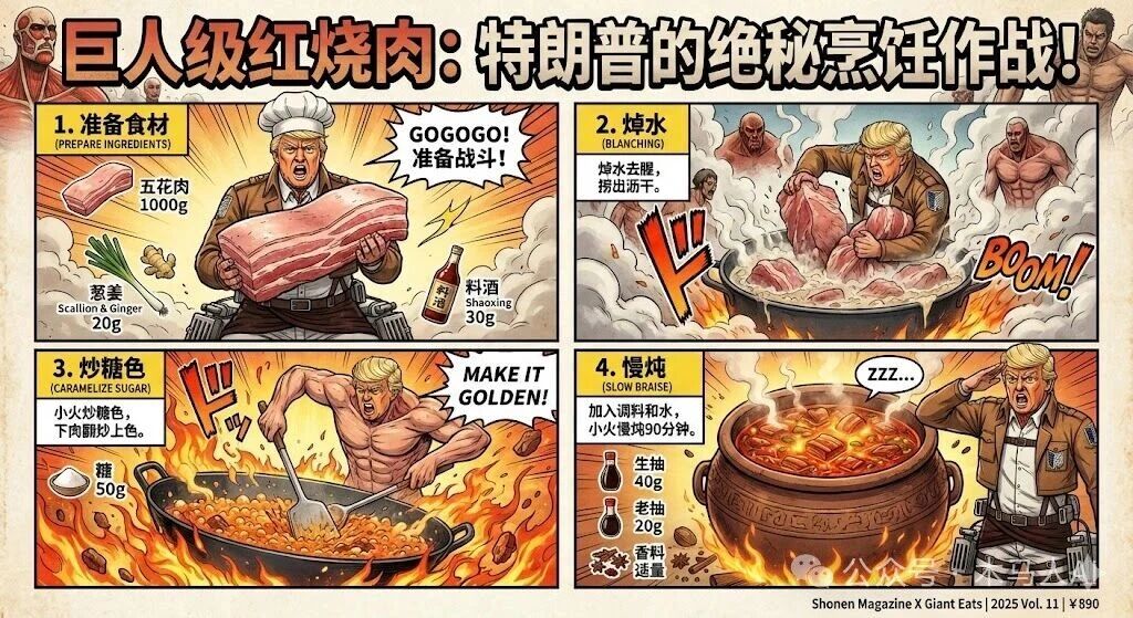 请绘制一张 红烧肉 的制作流程图，搭配简要说明、食材克数，并加入一个特朗普作为角色。整体采用 日本流行杂志风格的页面结构，但视觉上融合 《进击的巨人》画风，呈现彩色漫画般的强烈表现力与动感