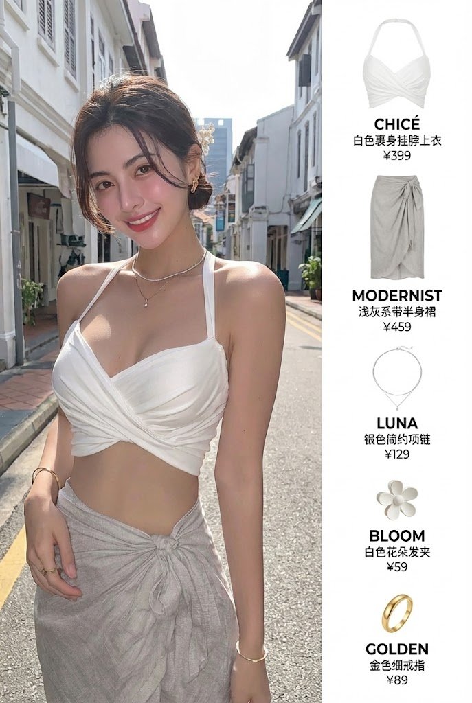 Create an OOTD collage image.价格你随便填 【构图要求】 - 左侧放置全身或半身照片的主角（时尚街拍风） - 右侧以白底排版列出所有单品 - 每件单品包含：物品图、品牌名、中文品名、价格 - 布局整洁、有呼…