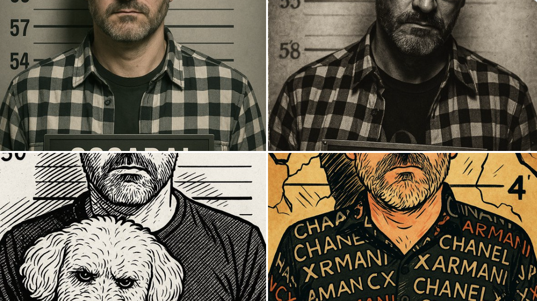 Transform this image into a realistic police mugshot. Add a gray background with height markings, harsh frontal light…