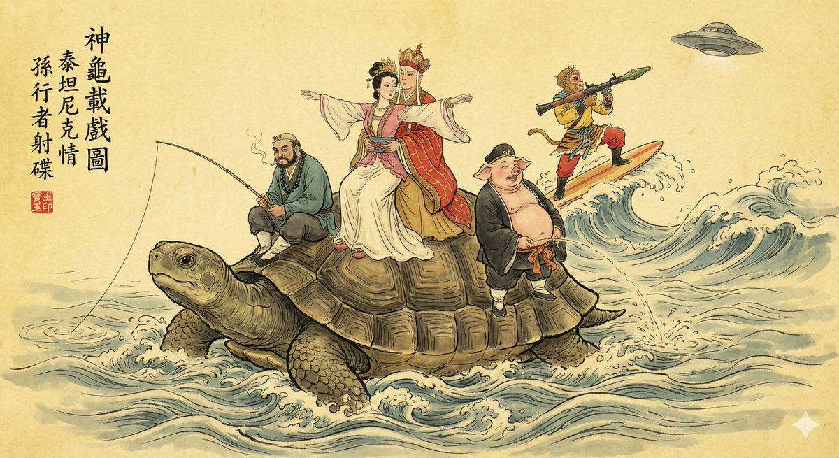 A traditional Chinese Gongbi-style ink painting. The scene humorously depicts a giant turtle swimming calmly through…