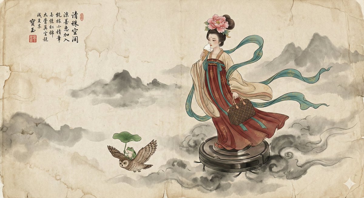 A traditional Chinese Gongbi ink and color painting on aged, textured rice paper. A fairy in elaborate Tang dynasty r…