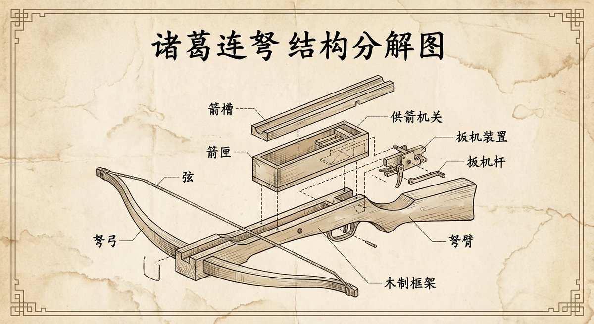 请创建诸葛连弩的复古风格工程爆炸图，里面的文字是中文